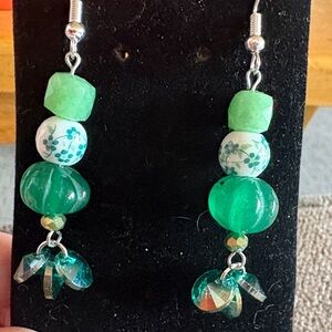 Hand Crafted Hade and Emerald Beaded Dangle Earrings with Floral Ceramic Beads